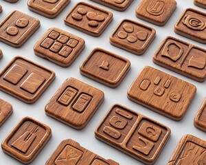 Many wooden tiles with carved app icons are arranged on a white surface. AI.