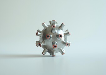 Silver sphere with red-rimmed openings and protrusions sits on a white surface, casting a shadow. AI.