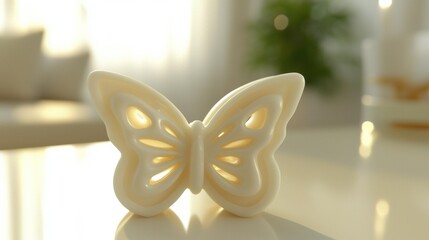 A decorative, ivory-colored butterfly ornament sits on a table, casting a soft glow from the light behind it. AI.