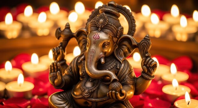 Serene depiction of hindu deity ganesha surrounded by glowing candles and vibrant petals - Powered by Adobe