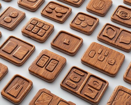 Many wooden tiles with carved app icons are arranged on a white surface. AI.