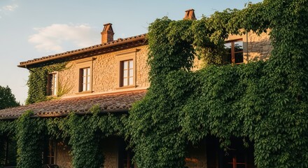 Charming old stone house covered in lush green ivy in the serene countryside setting