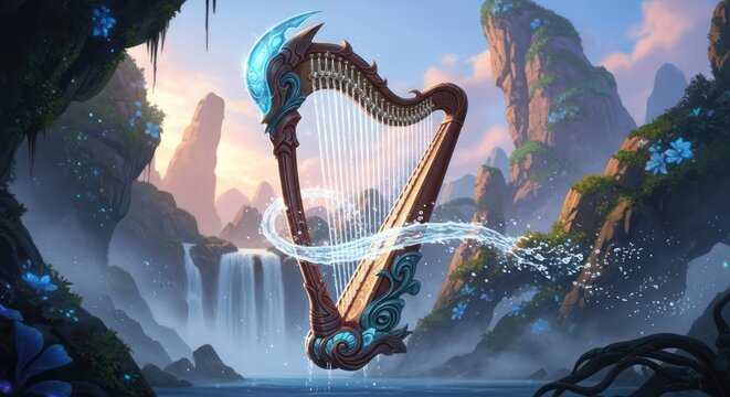 Enchanted harp amidst serene landscape symbolizing musical harmony and nature's charm