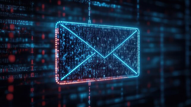 glowing holographic envelope icon of blue and red code floating over dark digital matrix, evoking futuristic secure communication and urgency - Powered by Adobe