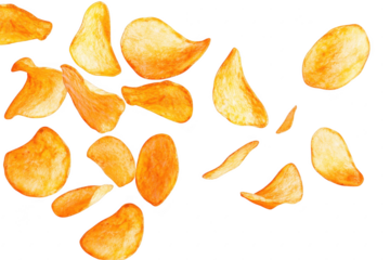 A arrangement of scattered potato chips their golden-brown color and crispy texture against a clean white background. perfect for snack-related content or food photography