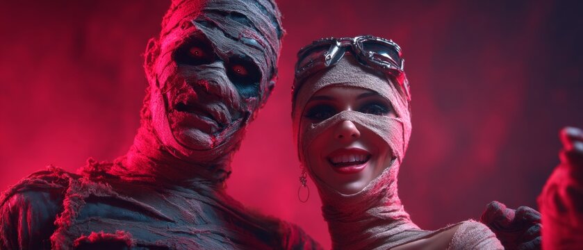 Eerie elegance: a spooky revelry with whimsical monsters unleashed. Product showcase. A spindly mummy takes center stage amidst lively monsters in costumed parade. Branding asset.