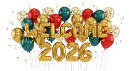 Welcome 2026 festive golden balloons and sparkling confetti