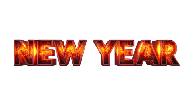 Fiery 'new year' text with glowing embers, sparkling 3d design