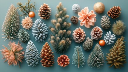 assorted pine cones, fir and spruce sprigs, pine needles, seed pods, dried flowers and metallic ornaments arranged in a flat lay on teal background, evoking cozy festive elegance