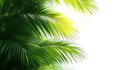 Obraz premium Sunlit green palm fronds layered against a bright white background, evoking calm fresh tropical relaxation