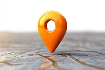 Glossy orange map marker with central hole standing on a textured map with visible roads, evoking focus, precision and discovery