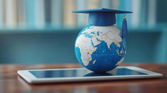 Blue and white globe wearing a blue graduation cap perched on a tablet on a wooden desk with blurred books in the background, evoking global education and achievement - Powered by Adobe