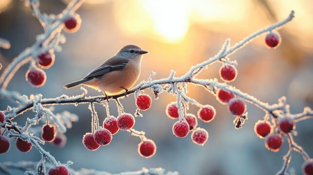 small songbird perched on frost-covered branch with red berries at golden sunrise, peaceful winter morning