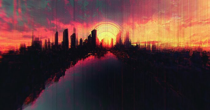 silhouetted futuristic city skyline at sunset over a reflective river with glowing concentric sun rings and vertical glitch streaks, dramatic surreal mood
