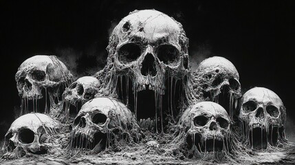 pile of melting, dripping human skulls entwined in fibrous web with hollow eyes, eerie macabre scene conveying dread and decay