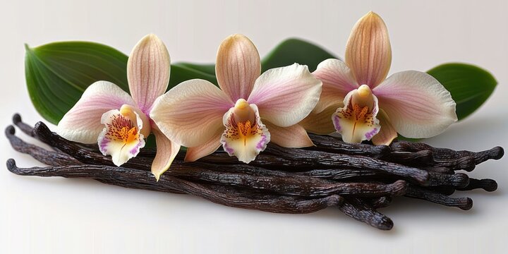 Three pale pink orchid blooms resting on a bundle of dark vanilla pods with green leaves, an elegant and serene botanical still life