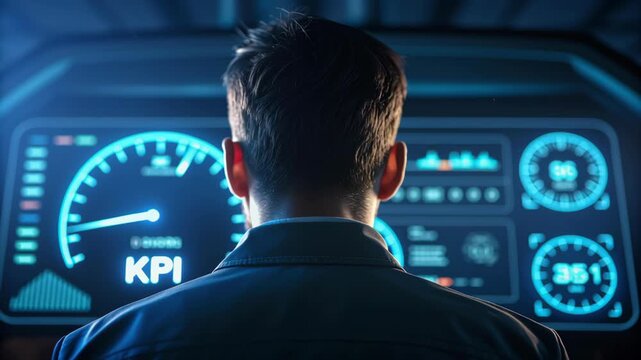 Man viewing illuminated KPI dashboard futuristic digital display showing performance gauge and analytics with glowing blue data visualization and business dashboard display for performance monitoring - Powered by Adobe
