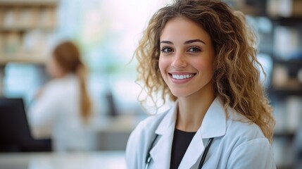 Confident medical professional in white coat with stethoscope and curly hair in a clinic with a colleague working in the blurred background, calm and approachable