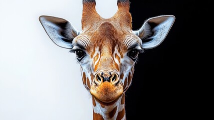 close-up portrait of a giraffe head against a stark split black and white background with a calm curious expression