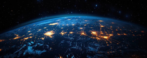 Obraz premium view of earth from space at night showing glowing city lights, swirling clouds, starry sky and curved blue atmosphere, evoking awe and wonder