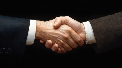 Close-up of two people in suits sharing a firm handshake against a dark background, conveying trust, agreement and partnership