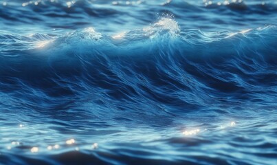 close-up of deep blue ocean waves with sparkling sunlight on rippling water, a serene yet powerful sea scene