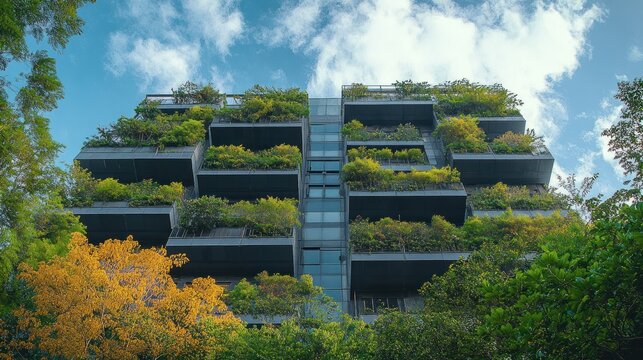 modern multi-story building with lush planted balconies, abundant greenery and surrounding trees under a bright blue sky evoking a peaceful sustainable urban oasis