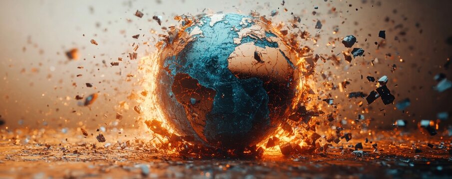 Cracked blue earth globe bursting open to reveal fiery molten core, shattering into flying rock fragments, glowing embers and smoke in a dramatic apocalyptic scene