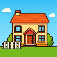 Cartoon countryside house with fence and garden