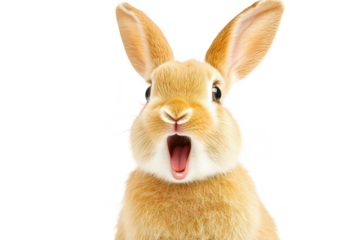 A surprised rabbit with wide-open mouth and bright eyes. set against a plain white background. capturing the essence of curiosity and playfulness. ideal for animal-themed projects