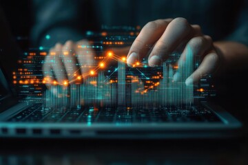 hands typing on a laptop with glowing holographic bar charts and a connected orange line graph hovering above the keyboard, focused analytical mood