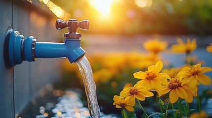 Blue outdoor faucet pouring clear water beside vibrant yellow flowers at sunset, warm tranquil and refreshing garden scene