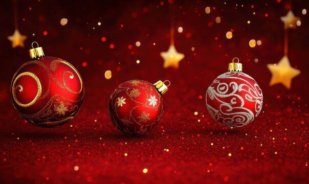 three red and gold glitter holiday baubles on a sparkling red surface with hanging golden stars and warm festive bokeh, evoking a cozy joyful celebration