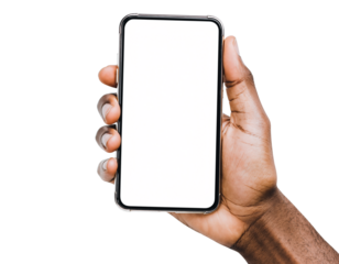 Hand holding smartphone mockup as png photo with blank screen isolated on white background. mobile phone hand mockup