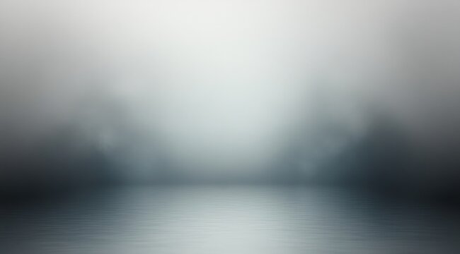 foggy seascape with a soft glowing horizon and calm reflective water, serene and mysterious mood