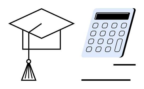 Graduation cap and calculator emphasizing learning and analytical skills. Ideal for education, finance, academic success, study planning, knowledge, mathematics, and intellectual growth. Simple flat