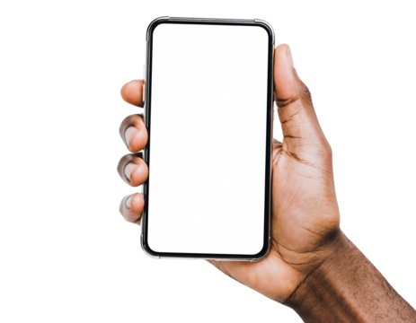 Hand holding smartphone mockup as png photo with blank screen isolated on white background. mobile phone hand mockup