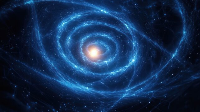 Glowing blue spiral vortex with a warm bright core, interconnected nodes and swirling cosmic energy evoking awe and mystery - Powered by Adobe