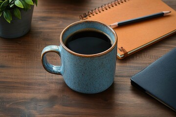 blue ceramic mug of black coffee on wooden desk with spiral notebook, pencil, closed planner and potted plant, evoking a calm focused morning