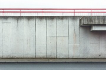 Obraz premium Bleak urban concrete wall with red railing, weathered panels, small overhang and empty sidewalk and curb, minimalist austere city scene
