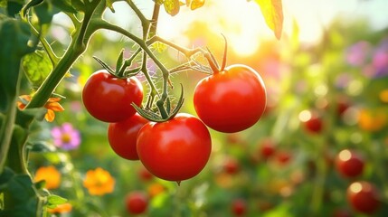 sunlit cluster of ripe red tomatoes on the vine with leaves and garden flowers, warm backlit scene evoking a fresh cheerful morning harvest