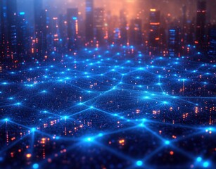 futuristic glowing blue network grid overlaying a blurred city skyline with warm orange lights, conveying connectivity and digital energy