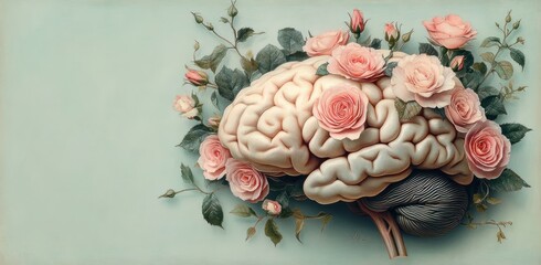 Anatomical human brain entwined with blooming pink roses and green leaves on a soft pastel background, conveying serene delicate growth and contemplation