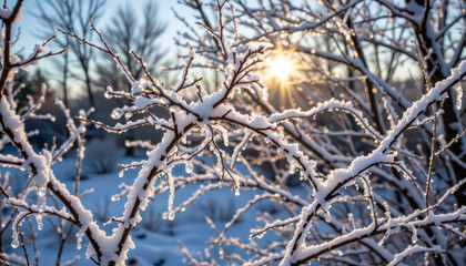Ice covered branches glisten in sunlight, creating serene winter scene. delicate frost and snow enhance beauty of nature, evoking sense of tranquility and wonder