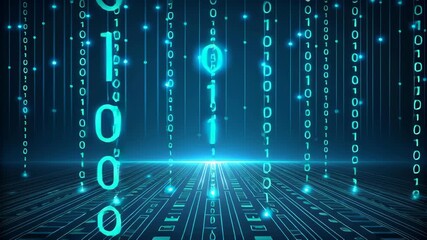 Binary code digital data matrix with glowing blue light and futuristic perspective expressing connectivity + digital data stream falling over glowing circuit floor with abstract code rain and blue - Powered by Adobe