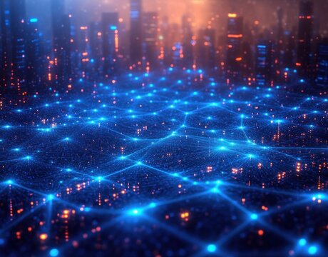 futuristic glowing blue network grid overlaying a blurred city skyline with warm orange lights, conveying connectivity and digital energy