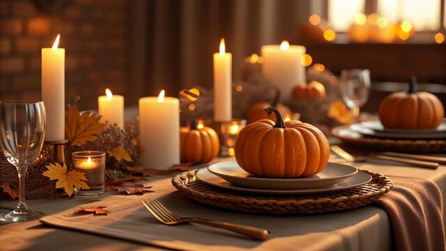 Autumn pumpkin centerpiece candlelit table fall table setting dinner plate woven charger glassware dried leaf decor warm lighting cozy seasonal candlelight Thanksgiving harvest dinnerware centerpiece