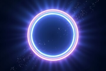 Neon glowing ring radiates vibrant blue and pink light against dark cosmic background, sparkling particles swirl around its radiant edges.