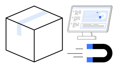 Box with tape, data analytics screen, and magnet symbolizing e-commerce, logistics, marketing strategy, customer attraction, demand, business intelligence, and digital solution as a simple flat