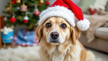 Festive family dog wearing red Christmas hat, sitting in cozy living room decorated for holidays. warm atmosphere evokes joy and celebration
